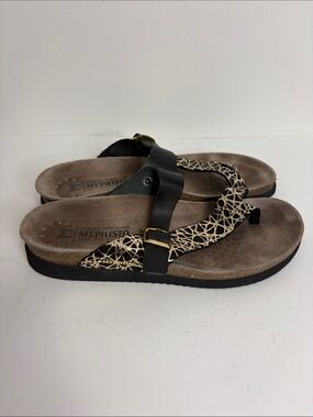Mephisto Sandals Womens 42 12 Black Gold Leather Slip On Thong Comfy Metallic